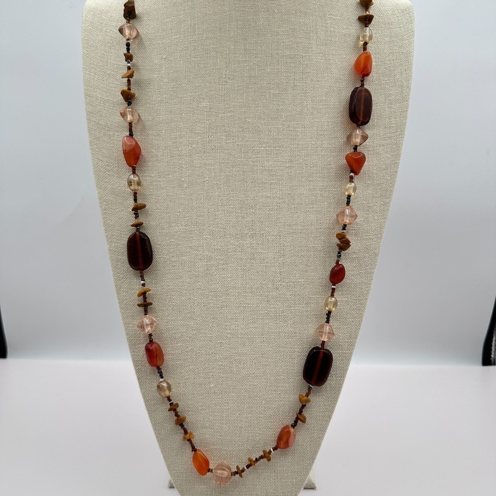 Vintage 90s Beaded Necklace Carnelian Jasper Quartz Boho Statement Jewelry